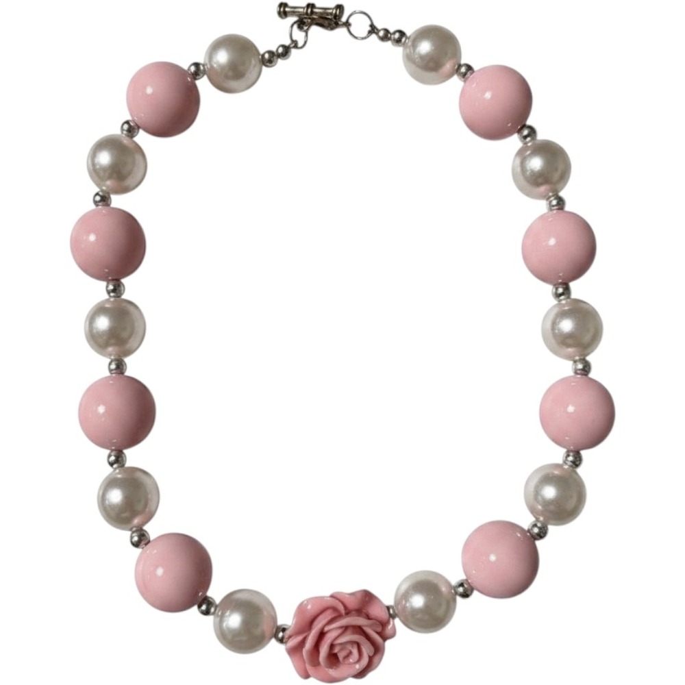 Pink Pearl Necklace Rose Charm Silver Heart Clasp Oversized Statement Babydoll